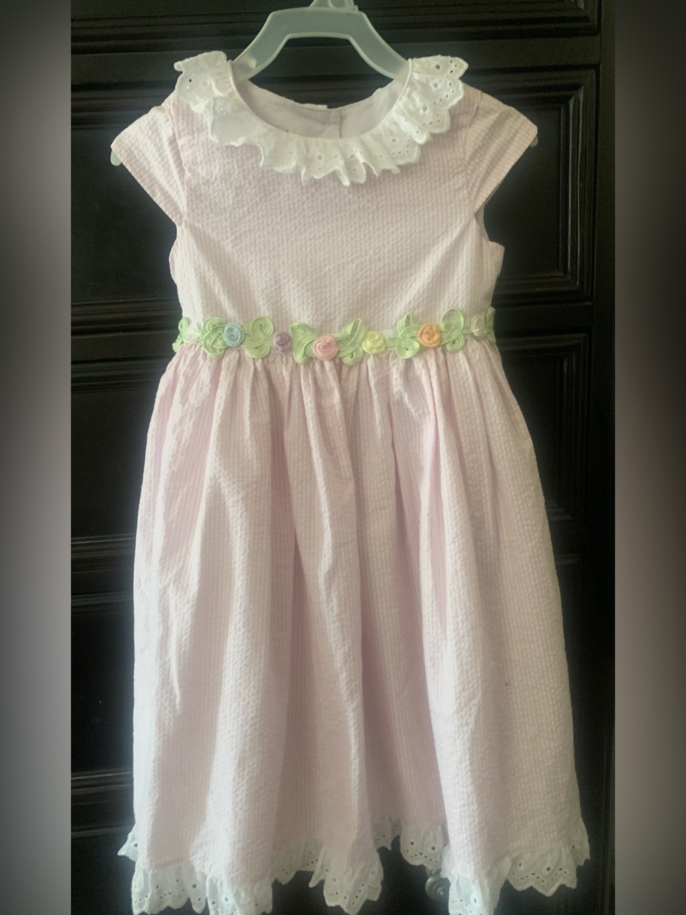 Girls Pink Seersucker Dress with Lace Collar and Flower Belt